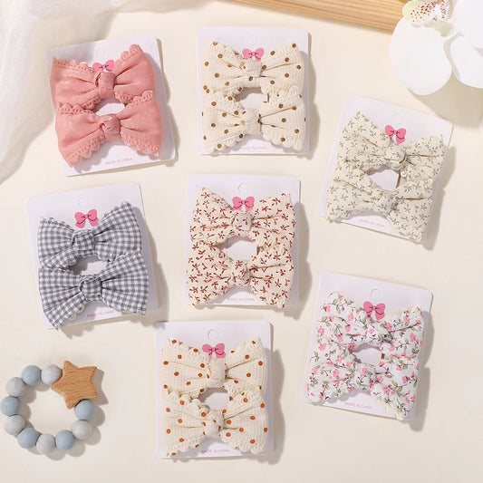 2Pcs/Set Flower Print Kids Bows Hair Clips for Baby Girls - Handmade Cotton Barrettes