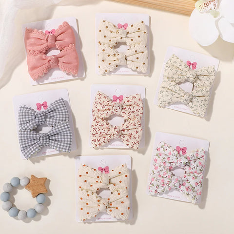2 stuks/set bloemenprint kinderhaarspeldjes met strikken voor babymeisjes - handgemaakte katoenen haarspeldjes 