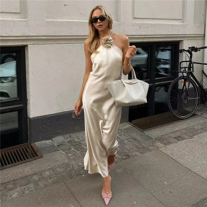 MUJER Flower Satin Long Dress