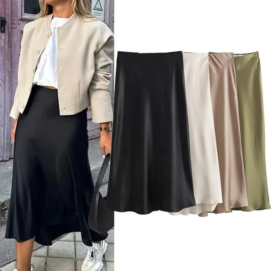 MUJER 2025 Black Satin Skirt - Elegant High Waist Midi Skirt for Women