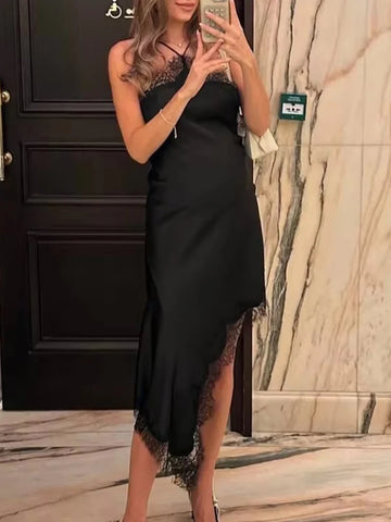 TRAF Women Sexy Lace Satin Halter Long Dress
