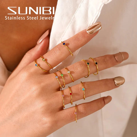 SUNIBI Stainless Steel Birthstone Ring for Women - Gold Color Fashion Jewelry