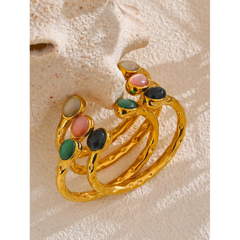 Yhpup 62mm High Quality Stainless Steel Multicolored Natural Stone Golden Cuff Open Bracelet Bangle - Water Resistant Jewelry