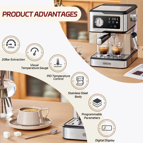 Cafelffe Stainless Steel Espresso Coffee Machine with Milk Frother