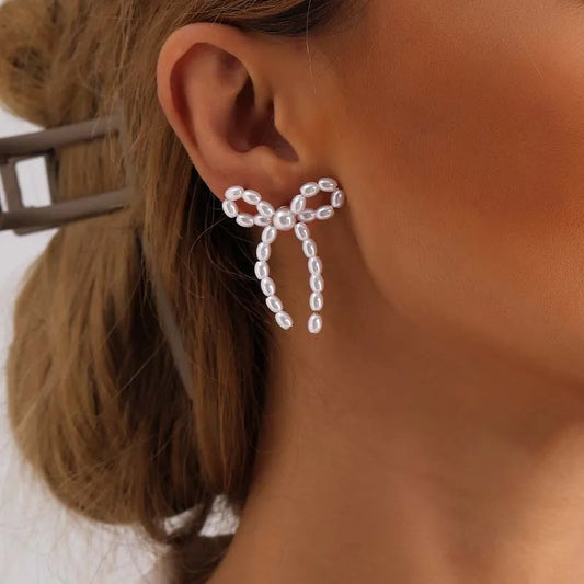 Vintage White Imitation Pearl Bowknot Stud Earrings for Women - Handmade Woven Beaded Statement Jewelry 2024