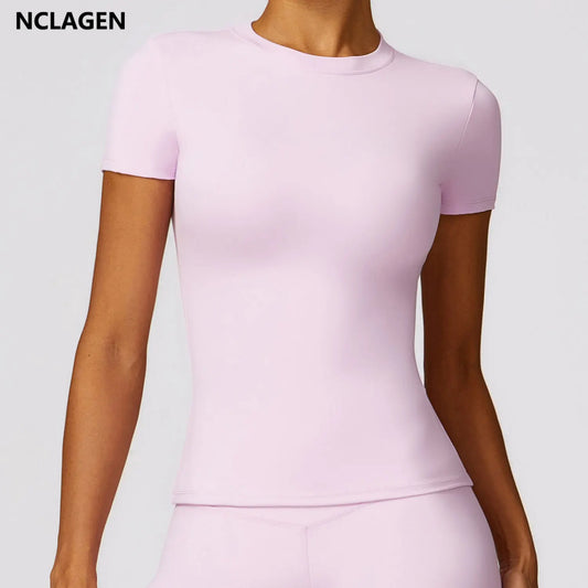 NCLAGEN Women's Summer Short Sleeve Running Sports T-Shirt - Breathable and Stretchy Gym Yoga Top