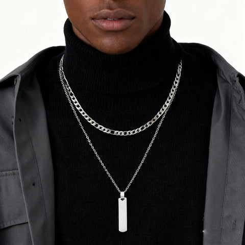 2pcs Vertical Layer Necklaces for Men and Boys | Waterproof Stainless Steel Cuban Chain Collar
