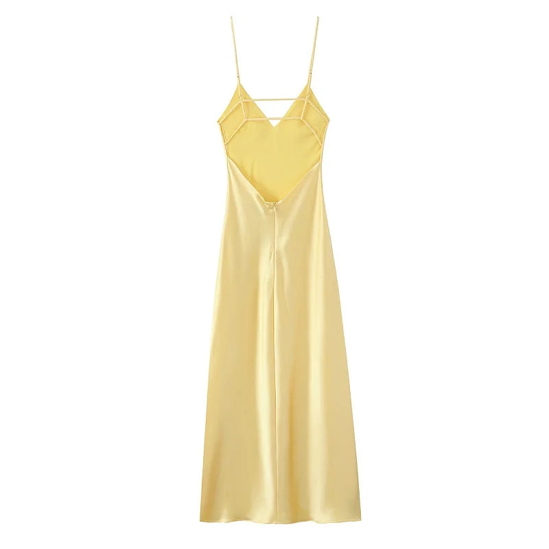 MUJER Yellow Satin Slip Dress for Women