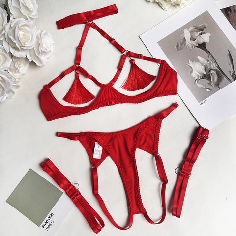 Sensual Tassel Fetish Lingerie Set - Open Bra & Crotchless Panties