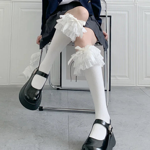 Lolita Nylon Lace Knee High Socks with Bow Knot - Cute Cartoon Princess Design
