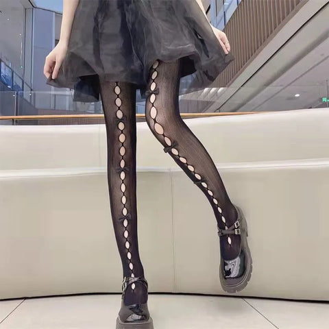 Lolita Cosplay Girls Bowknot Hollow Out Pantyhose - Elegant Lace Tights for Anime Lovers