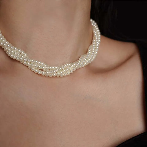 Vintage Multilayer Pearl Choker Necklace - Elegant Twisted Imitation Pearl Chain for Brides