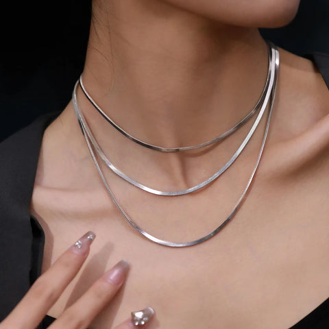 eManco Unisex Snake Chain Necklace - Silver Color Choker Stainless Steel Herringbone Chain for Women Jewelry Wholesale