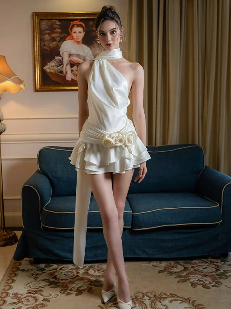 Fantoye Satin Sexy Backless 3D Flowers Women Dress - White Halter A-line Party Clubwear