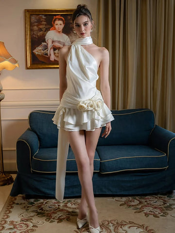 Fantoye Satijnen Sexy Rugloze 3D Bloemen Damesjurk - Witte Halter A-lijn Feestclubkleding