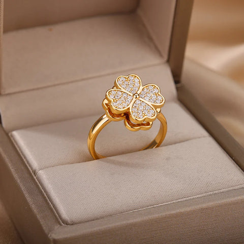 Zircon Rotatable Four Leaf Clover Anxiety Rings for Women - Stainless Steel Fidget Spinner Ring - Aesthetic Jewelry Gift