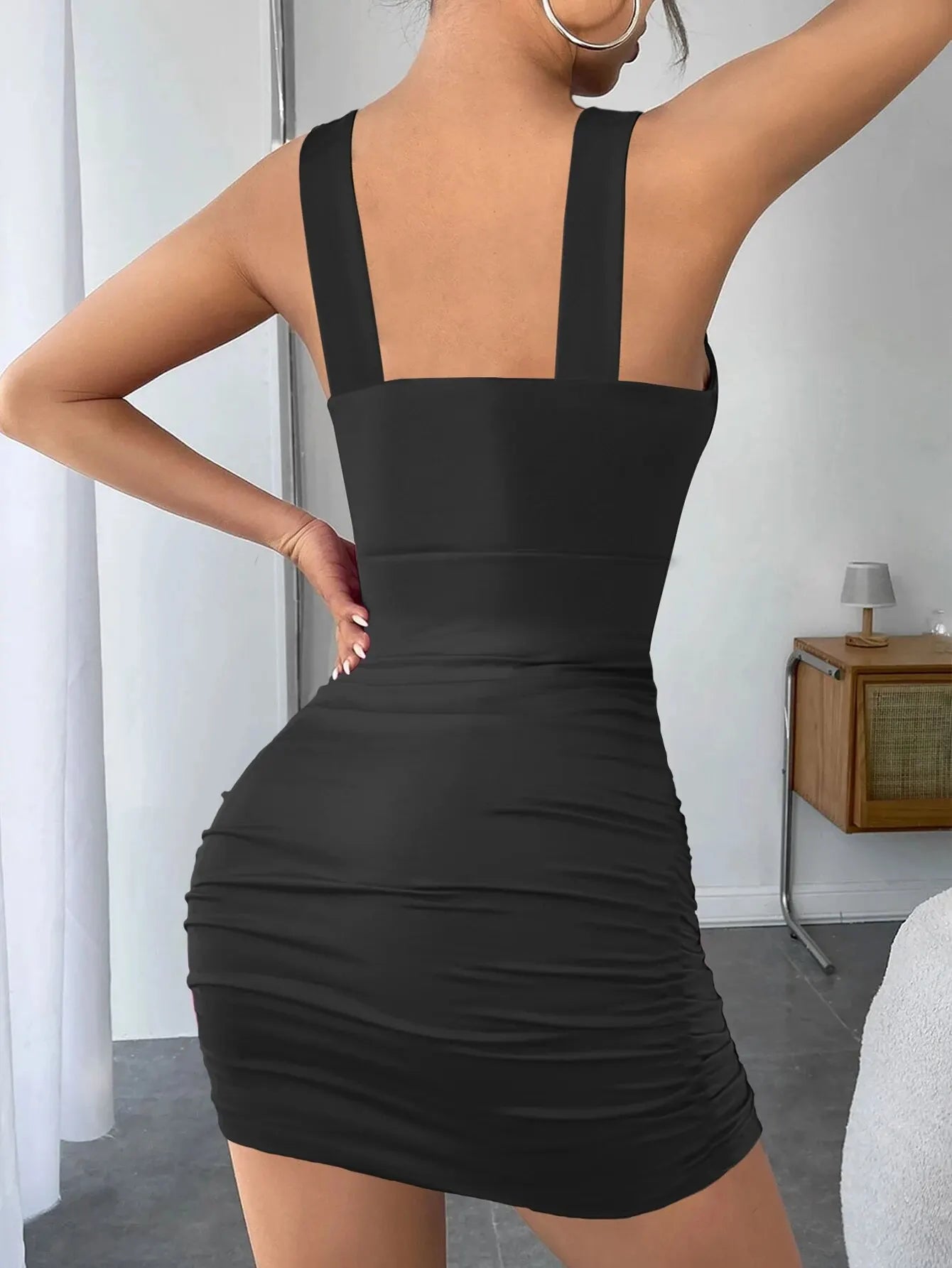Sexy Spaghetti Straps V-neck Tight Mini Dress for Ladies - Backless Wrinkled Sheath Dress for Club Parties 2024