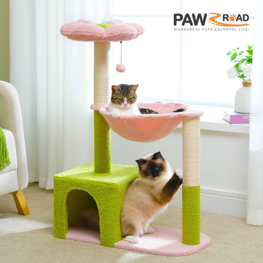 Flower Cat Tree with Large Metal Frame Hammock - Cute Cat Tower with Sisal Scratching Posts for Indoor Cats