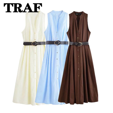 TRAF Fashion V-Neck Sleeveless Midi Dress for Women