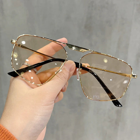 SHAUNA Retro Metal Polygon Square Zonnebril – Champagne UV400 Unisex Zonnebrillen