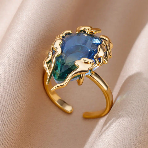 Zircon Flame Drop Ring for Women - Adjustable Stainless Steel Water Drop Jewelry for Weddings and Parties