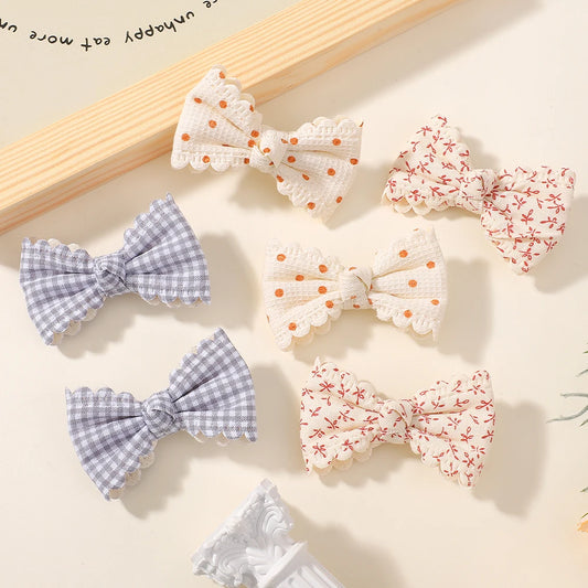 2Pcs/Set Flower Print Kids Bows Hair Clips for Baby Girls - Handmade Cotton Barrettes