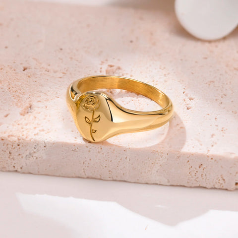 Stainless Steel Floral Signet Ring - Celestial CZ North Star Design for Men and Women