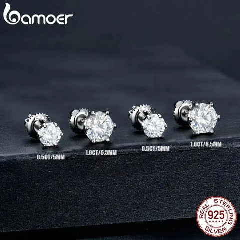 BAMOER Moissanite Stud Earrings – S925 Silver Round Cut