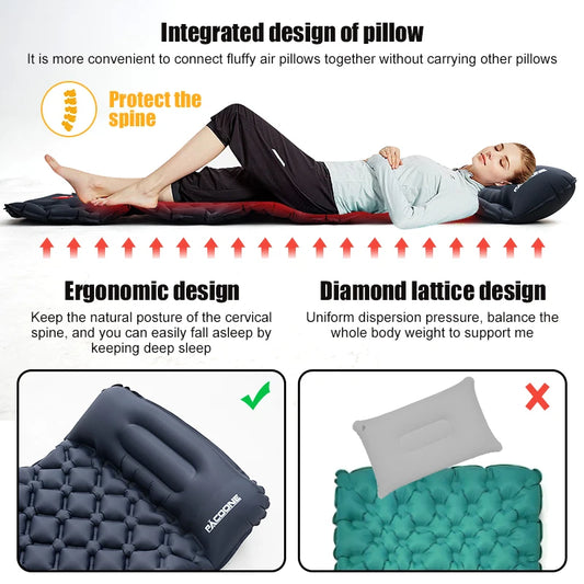 PACOONE Outdoor Camping Sleeping Pad Inflatable Mattress with Pillows - Ultralight Air Mat with Built-in Inflator Pump for Travel and Hiking