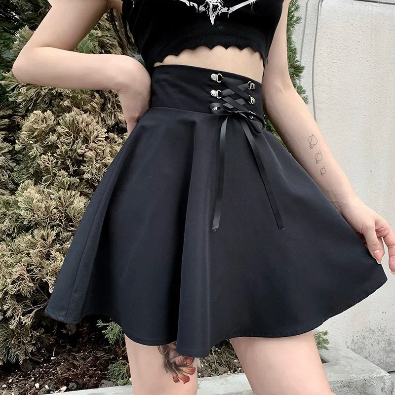 Women's Basic Versatile Flared Casual Mini Skater Skirt - High Waisted Goth Punk Black Skirt