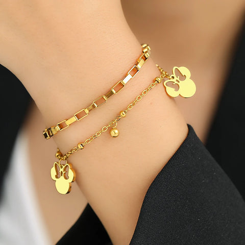 Cute Cartoon Anime Bow Mouse Pendant Stainless Steel Layered Bracelet for Women