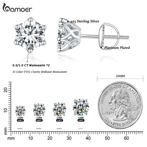 BAMOER Moissanite Stud Earrings – S925 Silver Round Cut