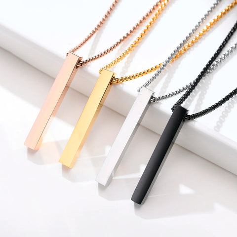 Waterproof Stainless Steel Rectangle Bar Pendant Necklace for Men and Women