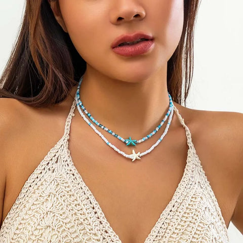 Bohemian Double Seed Bead Chain Clavicle Necklace with Vintage Acrylic Turtle and Starfish Pendant for Women