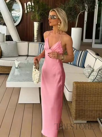 TRAF White Bow Tied Satin Sling Dress