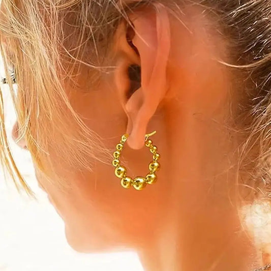 Vintage Beads Earrings for Women - Gold Plated Stainless Steel Geometric Hoop Earrings - Trending Luxury Christmas Jewelry Gift