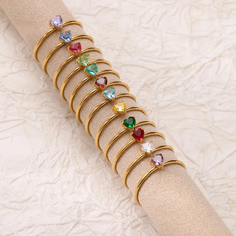 Zircon Heart Birthstone Rings for Women - Adjustable Gold Color Stainless Steel Wedding Jewelry Gift