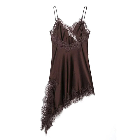 TRAF Satin Sexy Lace Spliced Short Sling Dress