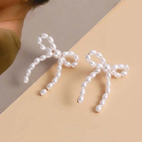 Vintage White Imitation Pearl Bowknot Stud Earrings for Women - Handmade Woven Beaded Statement Jewelry 2024