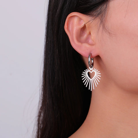 Skyrim Geometric Heart Sun Pendant Drop Earrings - Stainless Steel Hoop Earrings for Women