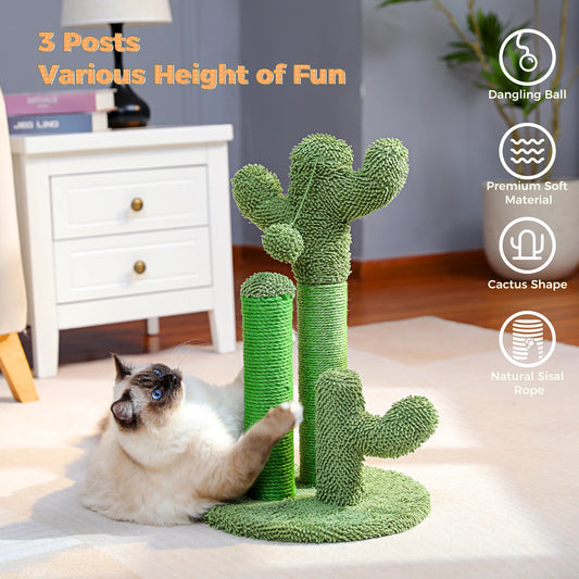 Cactus Cat Scratcher - Interactive Cat Scratching Post with 3 Scratching Poles and Dangling Ball