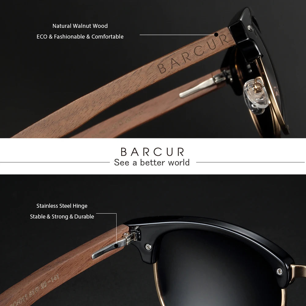 BARCUR Walnut Polarized Wooden Sunglasses – Handmade UV400 Unisex Eyewear