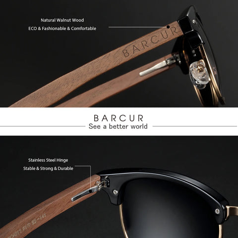 BARCUR Walnut Polarized Wooden Sunglasses – Handmade UV400 Unisex Eyewear