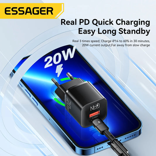 Essager 20W GaN USB-C Fast Charger with PD & QC 3.0 for iPhone 14/13/12/11 Pro Max, Mini & iPad