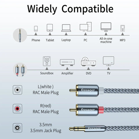 Essager RCA Audio Cable 3.5mm to 2RCA Male Splitter for TV, PC, Amplifiers, and Speakers