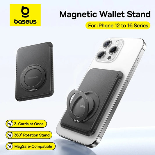 Baseus Magnetic Wallet Stand Case for iPhone 12-16 Pro Max - Slim PU Leather with 3 Card Slots