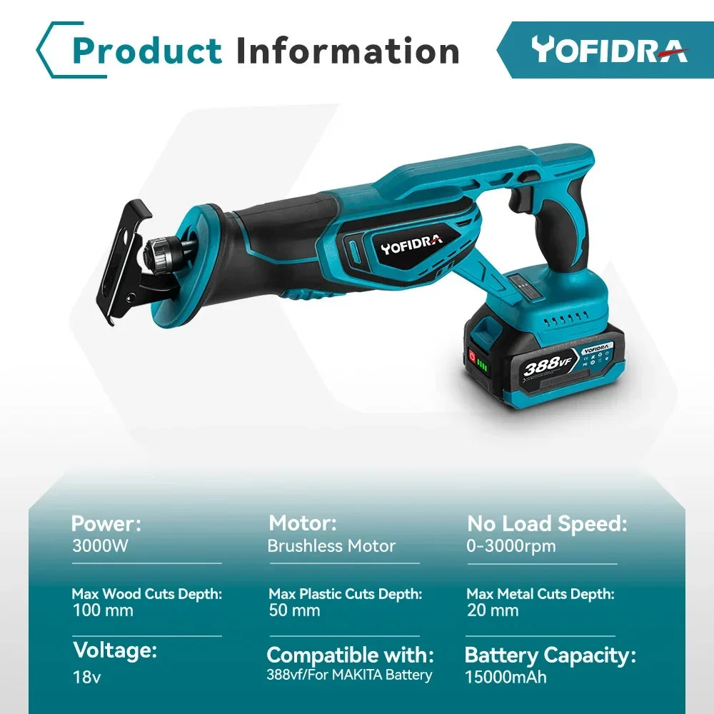 YOFIDRA 3000RPM Bürstenlose Säbelsäge Handheld Holz Metall Rohr Schneiden Elektrische Säge Kettensäge Werkzeug Für Makita Batterie Pin
