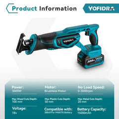 YOFIDRA 3000RPM Bürstenlose Säbelsäge Handheld Holz Metall Rohr Schneiden Elektrische Säge Kettensäge Werkzeug Für Makita Batterie Pin