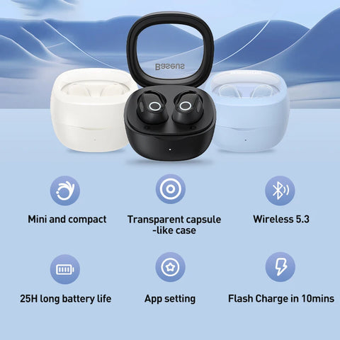 Baseus WM02 Wireless Earphones - TWS Bluetooth 5.3, Compact Design, 25-Hour Battery Life, Comfort Fit