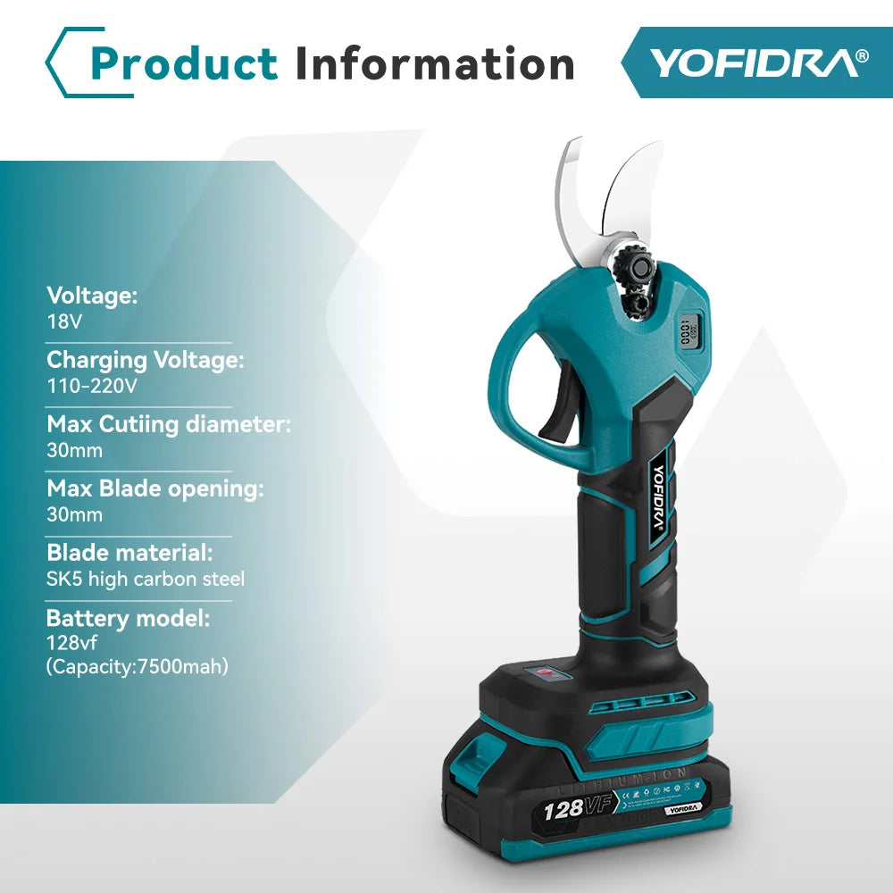 YOFIDRA 30mm Brushless Cordless Electric Pruner – 2-Speed Tree & Fruit Branch Shears for BL1850B 18V Battery